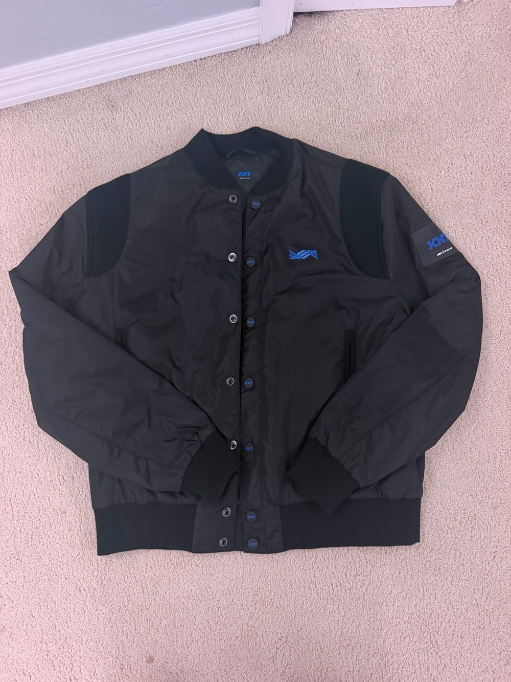 Kiton Black Bomber Jacket with Blue Logo Accents